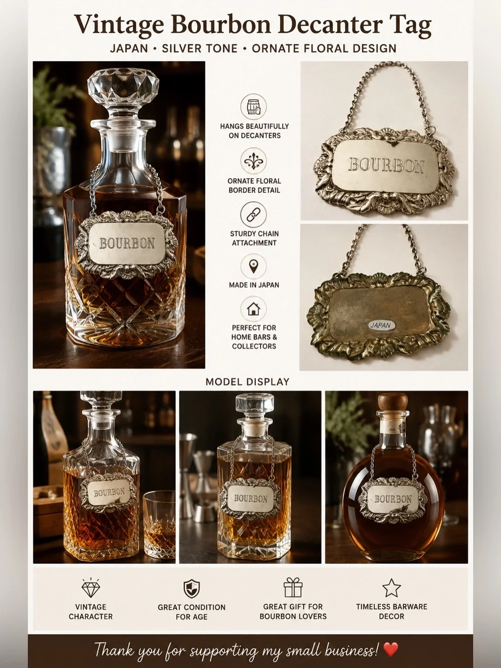 Vintage Bourbon Decanter Bottle Tag Japan Silver Tone Ornate Floral Chain Barwar